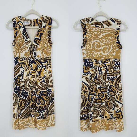 Kay Unger Silk Abstract Paisley Dress 2 A Line Sleeveless V Neck Pleated Navy - Picture 1 of 9
